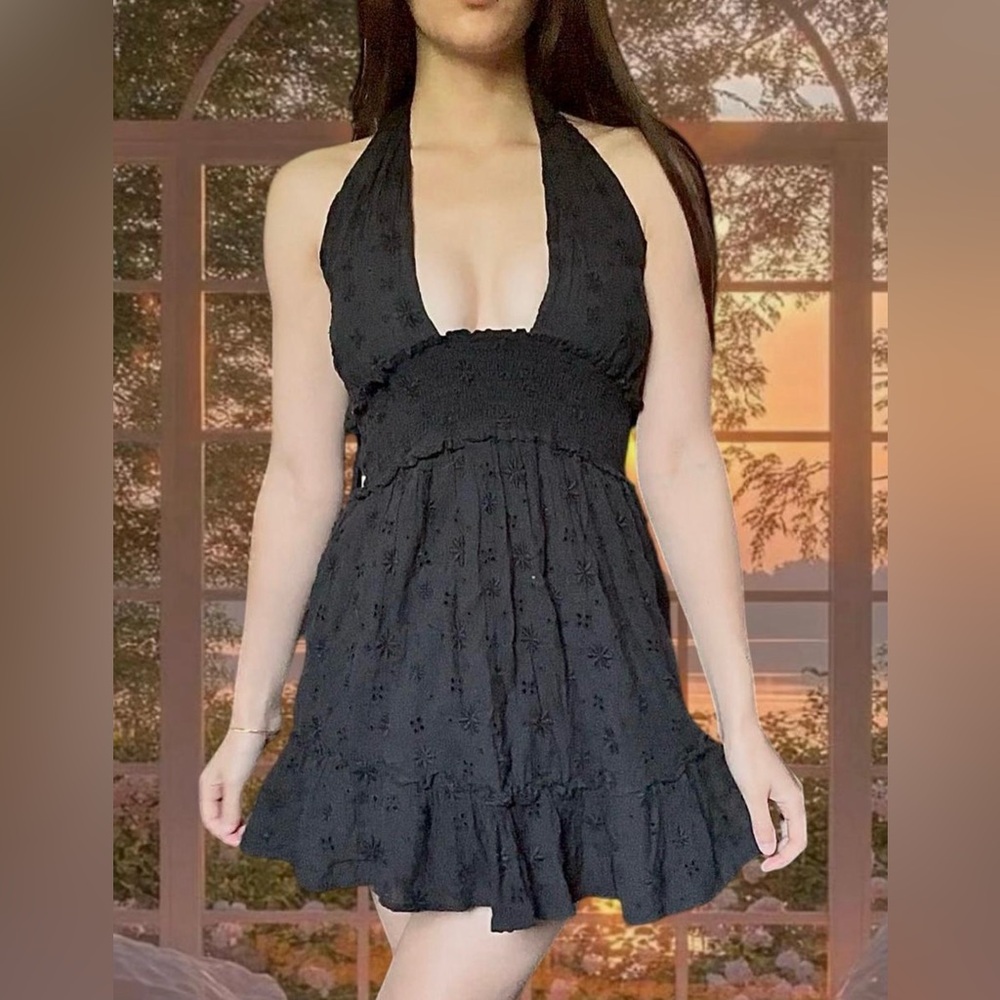Aerie Black Textured halter dress